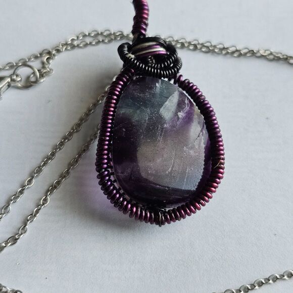 Natural Rainbow Fluorite Wire Wrapped Pendant Necklace, Purple Teal Gemstone - Picture 5 of 7